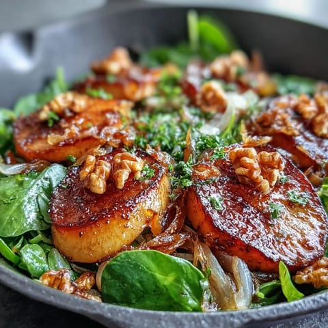 Golden caramelized apples and onions shine in the Warm Apple and Sauerkraut Skillet Salad garnished with toasted walnuts.