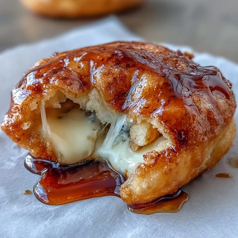 Golden brown Chīzu Imomochi dumplings glistening with sticky soy-honey glaze on a white plate.