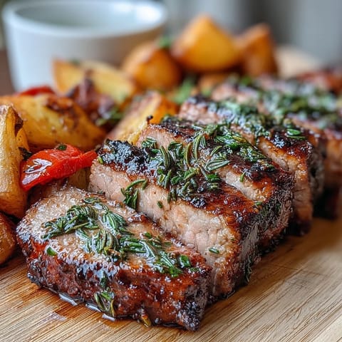 Golden, crispy roast potatoes and tender Marinated Ibérico Pork Fillet With Roast Potatoes and Red Peppers plated.