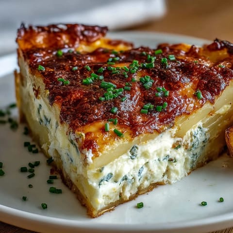 Slices of creamy Cheese and Potato Pie are served hot, revealing layers of tender potatoes and melted cheddar and Gruyère.