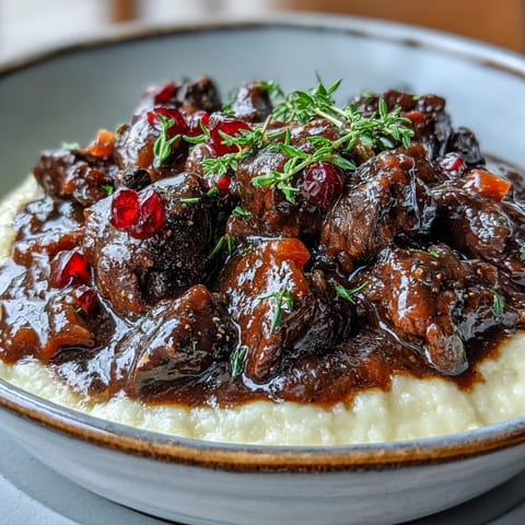 Winter comfort food: slow-cooked venison and aromatic vegetables with sloe gin, served alongside buttery Parmesan polenta.