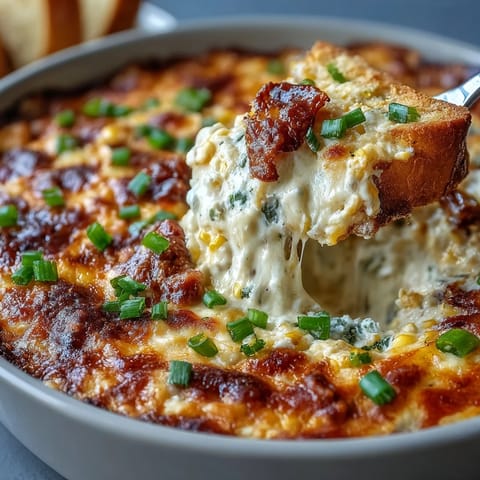 Golden, bubbly Crack Corn Dip fresh from the oven, topped with melted cheddar and fresh jalapeños, served with sturdy tortilla chips for dipping.