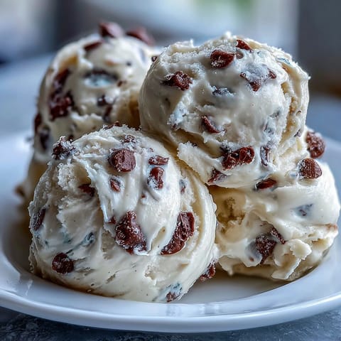 Indulgent Greek Yogurt Cookie Dough packed with melty semisweet chocolate chips, perfect for snacking.
