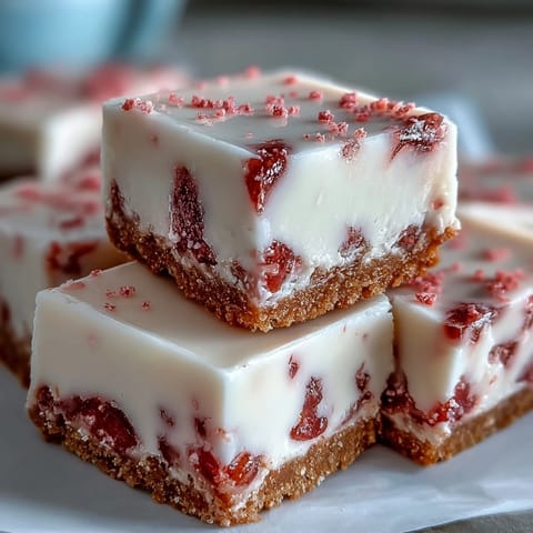 Chilled No-Bake Strawberry Fudge Squares on a graham crust with freeze-dried strawberry garnish.