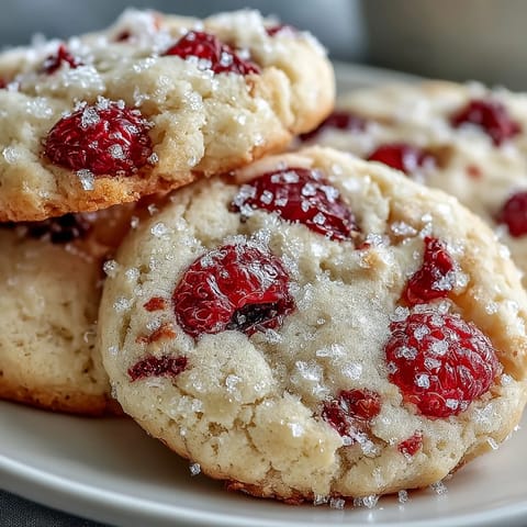 Golden-edged Soft Chewy Raspberry Sugar Cookies show jammy raspberry bits and a chewy texture on a baking sheet. 