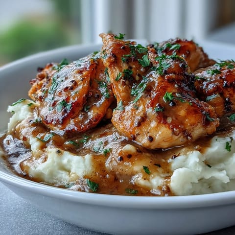 Slow Cooker Honey Mustard Chicken breasts simmered in a velvety, sweet and tangy sauce, served over creamy mashed potatoes.