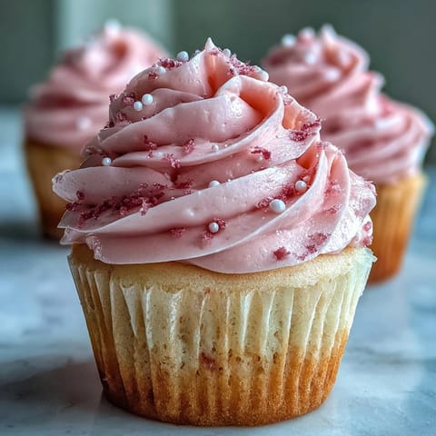 Freshly baked Pink Velvet Cupcakes with Vanilla Buttercream Frosting on a cooling rack, their pink hue shining brightly.