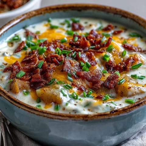 Creamy Loaded Potato Soup topped with extra cheddar, crispy bacon bits, and scallions, steaming in a rustic bowl on a wooden table.