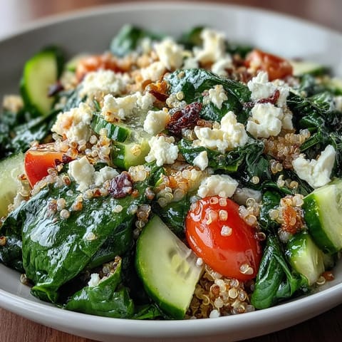 Colorful diced cucumber and red bell pepper add crunch to the wholesome Spinach and Feta Grain Bowl, finished with a lemony dressing.