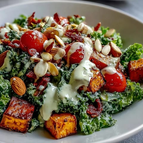 Freshly roasted sweet potato and red peppers brighten this vibrant Kale Salad Bowl with creamy tahini dressing.