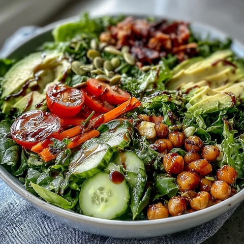 Fresh Mixed Greens Power Bowl topped with avocado slices, chickpeas, and crunchy walnuts, tossed in a zesty lemon dressing.