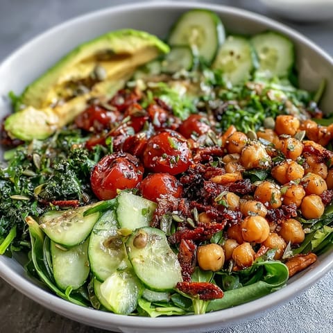 Bright Mixed Greens Power Bowl with red bell peppers, cherry tomatoes, and pumpkin seeds, served in a rustic ceramic bowl.