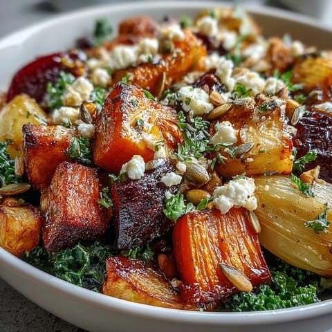 Roasted Winter Root Vegetable Bowl with massaged kale and toasted pumpkin seeds.