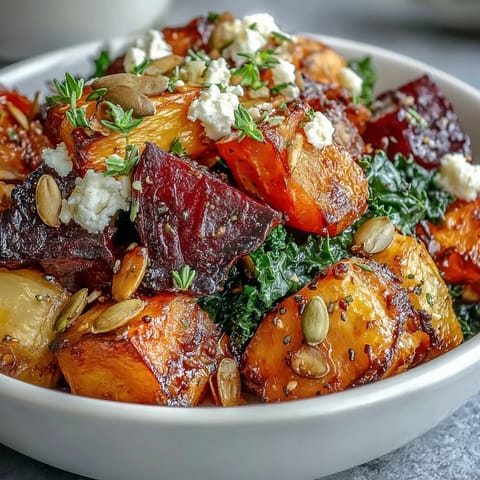 Warm, caramelized root vegetables in a bowl topped with tangy, herby dressing.