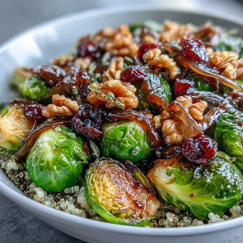 Roasted Brussels Sprouts Bowl with caramelized sprouts, quinoa, red onion, and toasted walnuts on a rustic table.