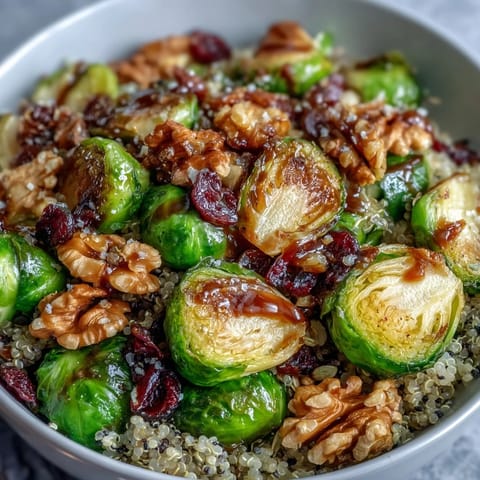 A close-up of a Roasted Brussels Sprouts Bowl, featuring golden sprouts, cranberries, and a drizzle of balsamic dressing.