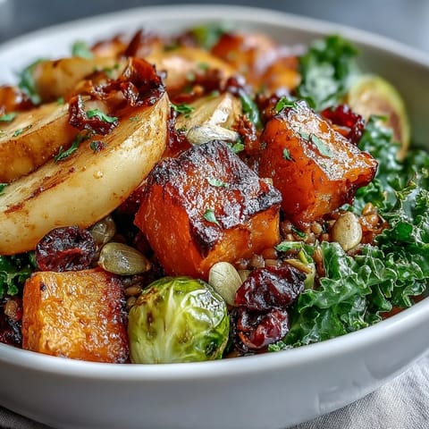Roasted butternut squash and Brussels sprouts top a warm Fall Vegetable Bowl, garnished with toasted pumpkin seeds.
