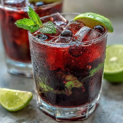 Tangy Blackcurrant Mojito cocktail in a highball glass with fresh mint and lime garnish, sparkling and refreshing.