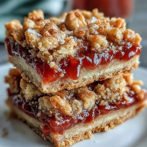 A close-up view of golden Guava Jam Bars with a crumbly streusel topping, showing the vibrant pink guava filling between buttery cookie layers.