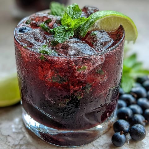 A refreshing Black Currant Mojito with crushed ice and garnished with fresh mint and black currant berries.