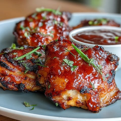 Golden-brown, crispy chicken thighs brushed with glossy guava BBQ sauce, served with grilled pineapple slices and cilantro.