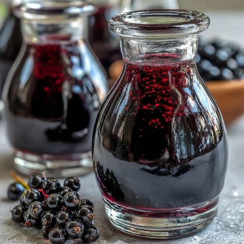 A chilled glass of homemade Blackcurrant Vodka Liqueur with a deep purple hue and fresh berries on the side.