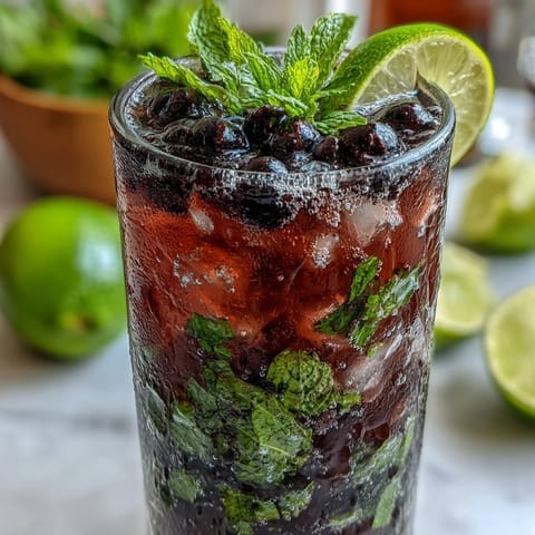 A close-up of a Black Currant Mojito cocktail garnished with mint and lime, filled with crushed ice.