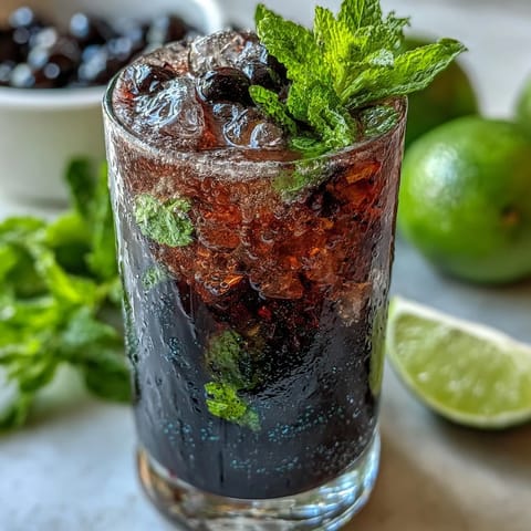 This vibrant Black Currant Mojito features fresh mint leaves, zesty lime wedges, and a splash of soda.