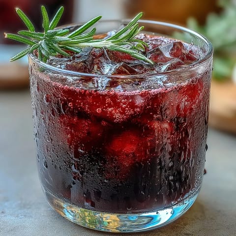 Freshly shaken Black Currant Rosemary Cocktail poured over ice in a rocks glass, garnished with a vibrant green rosemary sprig.