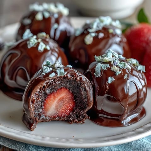 Gourmet strawberry truffles with dark chocolate shell and rosewater, inspired by Dubai's luxurious sweets.