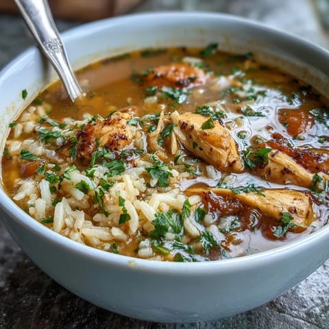 Hearty chicken and rice soup with tender vegetables and fresh herbs in a comforting one-pot meal.
