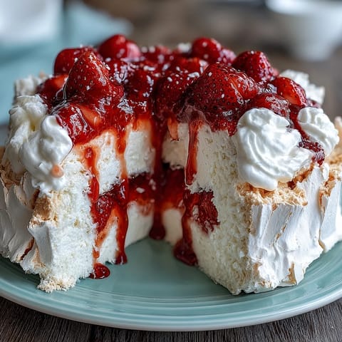 Classic strawberry pavlova with whipped cream and fresh berries, crisp meringue shell with soft center topped with vanilla-scented cream and juicy strawberries.