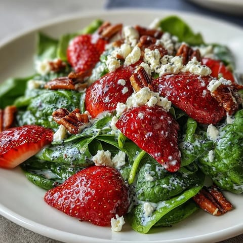 Fresh strawberry spinach salad with poppyseed dressing in a white bowl, topped with feta and toasted nuts.