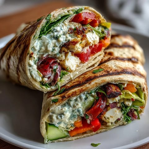 Rainbow veggie wraps filled with colorful bell peppers, crisp carrots, and fresh spinach in whole wheat tortillas.