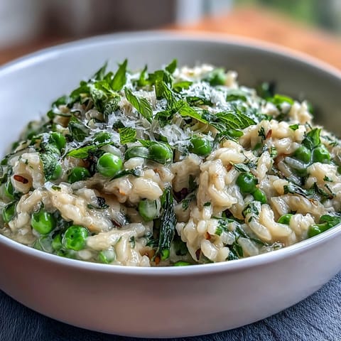 Creamy spring risotto with sweet peas and fresh mint, topped with Parmesan for a bright, comforting main dish.