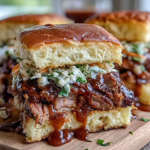 Smoky, tender brisket sliders loaded with zesty BBQ sauce and crisp cabbage slaw, perfect for festive gatherings.