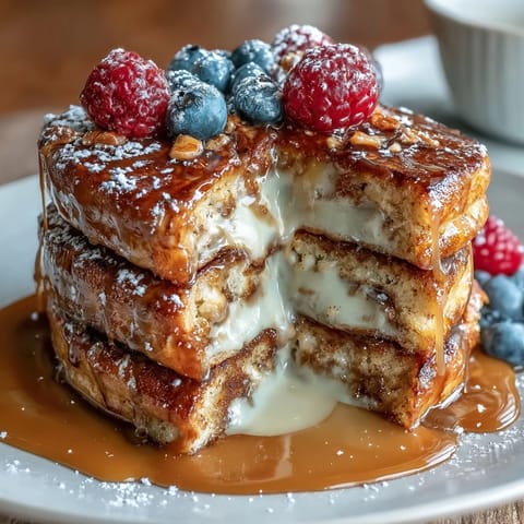 A golden pancake casserole with fresh berries and a creamy custard, perfect for a festive Mothers Day brunch.