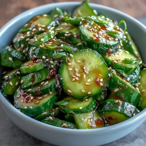 Crisp Asian cucumber salad with sesame and rice vinegar dressing, topped with toasted sesame seeds for a refreshing side dish.