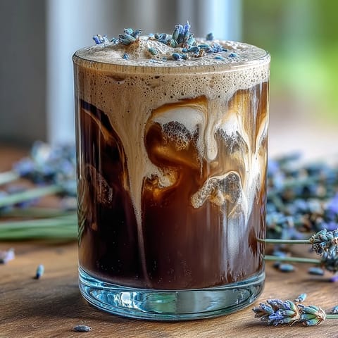 Aromatic lavender oat milk latte with creamy foam and delicate purple floral notes, perfect for a cozy morning treat.