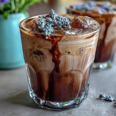 Floral lavender latte with rich espresso and velvety oat milk, served hot or iced for a refreshing dairy-free coffee experience.