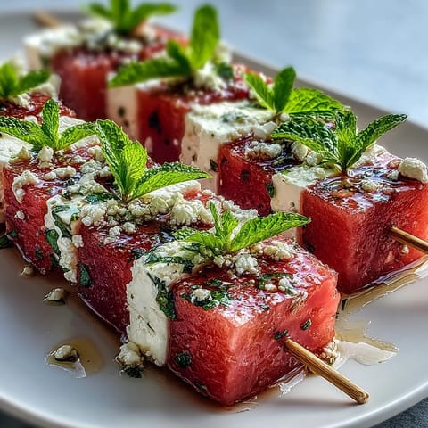 Watermelon Feta Mint Skewers: vibrant, juicy bites with creamy feta and fresh mint, drizzled with balsamic glaze.  
