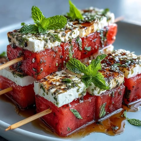 Colorful Watermelon Feta Mint Skewers: refreshing appetizer with sweet melon, tangy cheese, and aromatic herbs on bamboo sticks.  