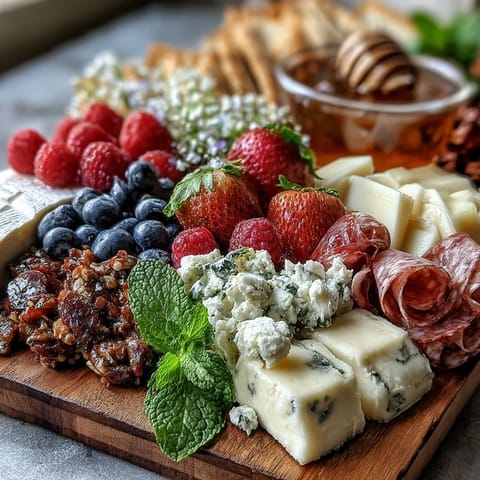 Spring Charcuterie Board with Edible Flowers and Fruits arranged in a colorful, seasonal display with fresh fruits and delicate edible flowers.