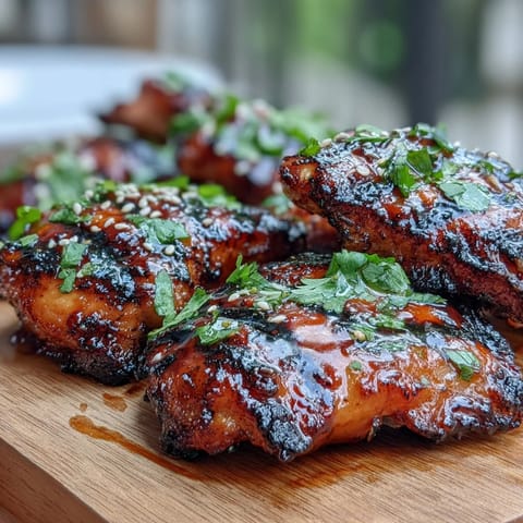 Spicy-sweet grilled chicken thighs marinated in honey sriracha sauce, served with fresh cilantro.  