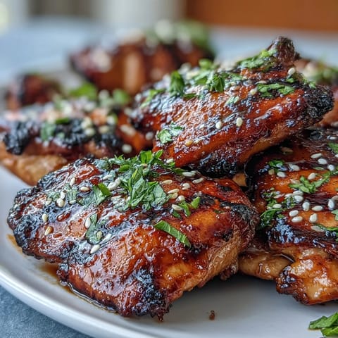 Honey Sriracha Grilled Chicken Thighs with caramelized glaze and sesame seed garnish.  