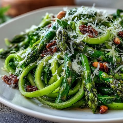Fresh shaved asparagus salad with lemon and Parmesan, vibrant green ribbons topped with zesty citrus and nutty cheese.