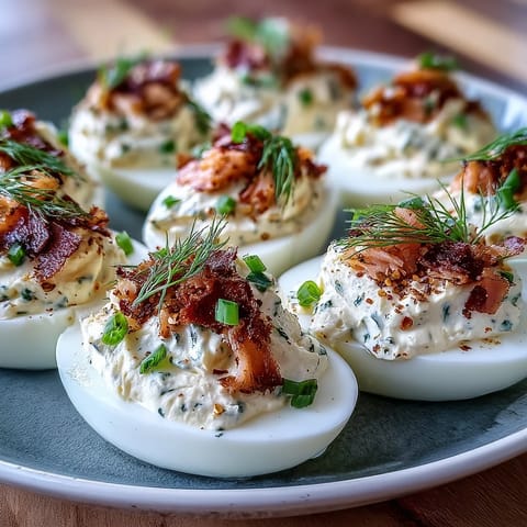 Creamy deviled eggs topped with smoked salmon and everything bagel seasoning, perfect for brunch or parties.