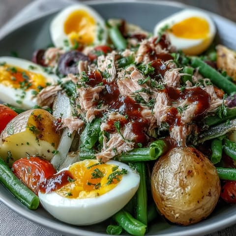 Fresh Niçoise Salad featuring tender potatoes, crisp green beans, juicy cherry tomatoes, and oil-packed tuna, topped with halved soft-boiled eggs.  