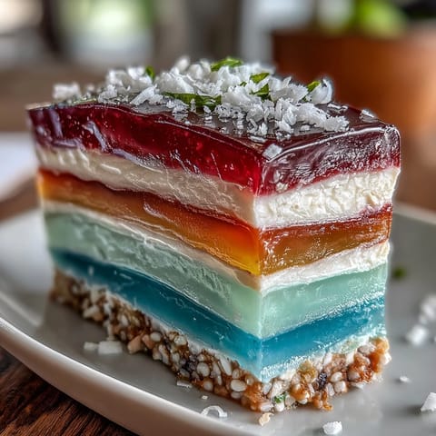 Showstopping agar-agar jelly cake, a colorful, refreshing, and naturally gluten-free treat.