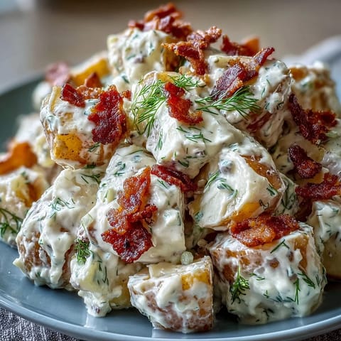 A close-up of Memorial Day Potato Salad with fresh dill, showing creamy textures.